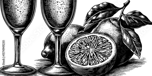 Engraved art of french 75 cocktail and citrus arrangement for classic design