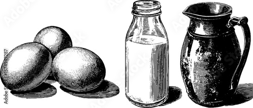 Engraved vintage illustration of eggs and milk jug for culinary and farm design