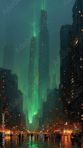 A towering city skyline at night with ethereal, green lights