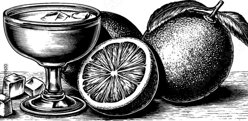 Vintage cocktail and citrus engraving set for artistic design and decor