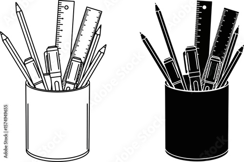 Vector illustration of stationery holder with pencils rulers and pens for office and school supply set