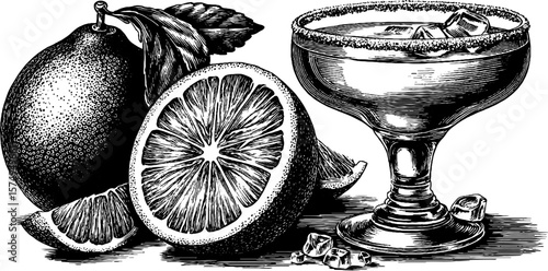 Vintage engraved cocktail art: gimlet in coupe with citrus fruits for bar decor or menu design