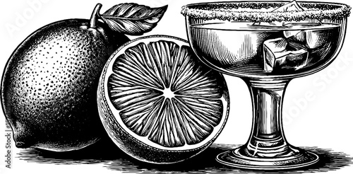 Engraved cocktail art - gimlet in coupe with lemon accent for creative design projects