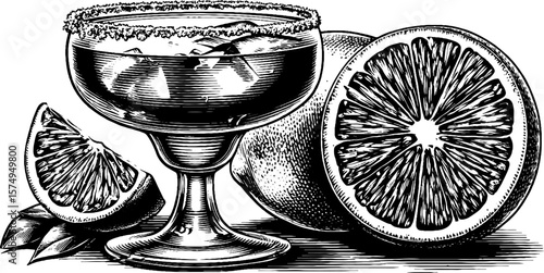 Engraved grapefruit margarita art: cocktail and fruit design for print
