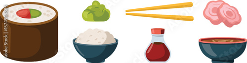 Sushi roll wasabi chopsticks pickled ginger rice soy sauce soup vector 2025 bundle set download