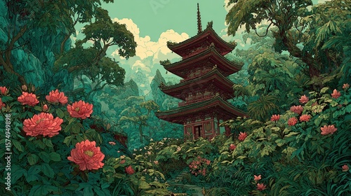 A tranquil pagoda nestled in a lush green floral landscape