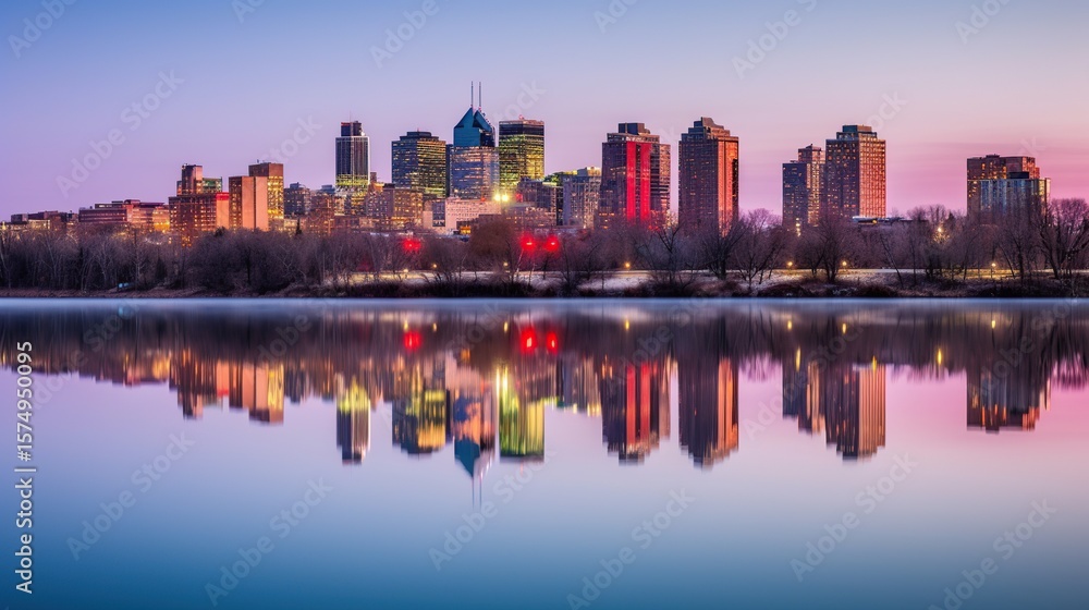 Naklejka premium City Skyline Sunrise Reflection.