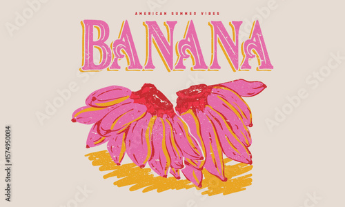 Banana retro art. Nature fruit club print design. Organic food artwork for for t shirt and poster. Fruits of the spirit. Vintage banana art. Summer food poster design.