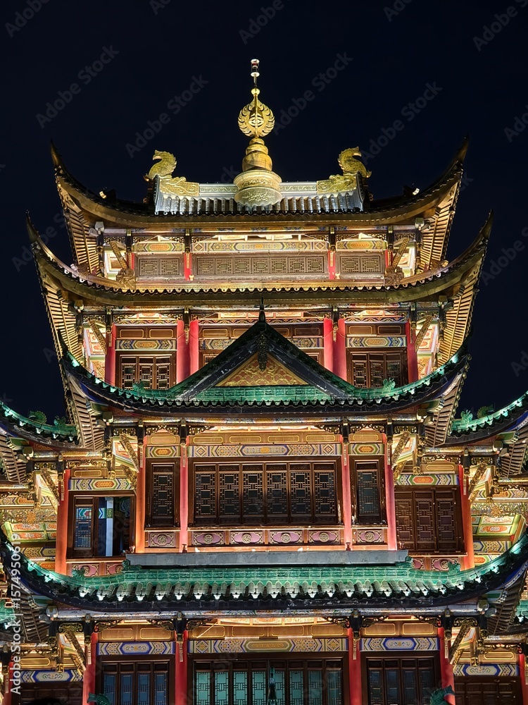 Fototapeta premium Night view of Hongen Temple in Chongqing, China