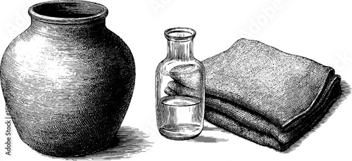 Engraved illustration of incised storage jar and towel for vintage design