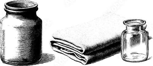 Engraved illustration of incised storage jars and folded fabric - vintage design concept