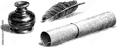 Vintage inkwell quill and scroll engraving for historical art and design