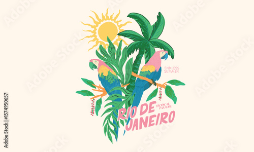 Sunshine print art. Tropical bird with flower graphic print design. Tropical paradise. Banana tree. Macaw paradise artwork. Tropical vibes t shirt artwork. Summer vibes artwork. Copacabana beach art.