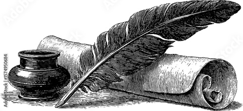 Vintage inkwell and quill with scroll engraved design for artistic and historical concepts