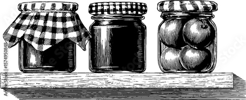 Vintage engraved jars of peaches with checkered lids for kitchen decor