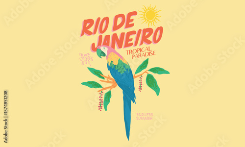 Tropical paradise. Macaw paradise artwork. Tropical vibes t shirt artwork. Rio de janeiro. Summer vibes artwork. Copacabana beach art.