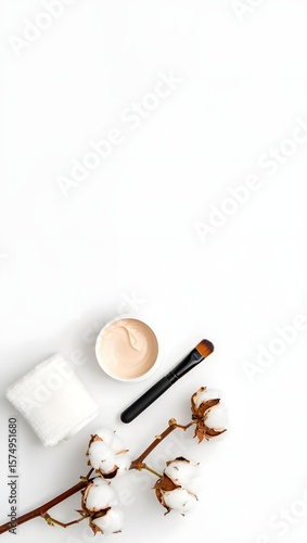 Wallpaper Mural Flat lay of makeup brush, foundation, cotton pads and cotton flower on white background Torontodigital.ca