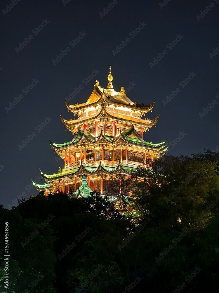 Fototapeta premium Night view of Hongen Temple in Chongqing, China