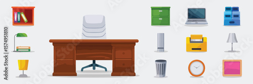 Wooden desk office chair filing cabinet laptop stackable drawers desk lamp books trash can clock picture frame 2025 bundle set download