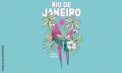 Sunshine print art. Tropical bird with flower graphic print design. Tropical vibes t shirt artwork. Summer vibes artwork. Copacabana beach art. Tropical paradise. Banana tree. Macaw paradise artwork.