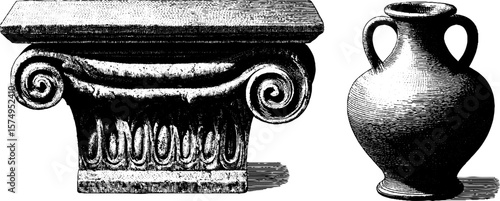 Vintage engraved illustration of marble bench and wool jug for artistic design