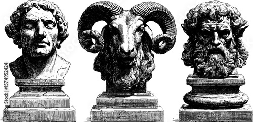 Engraved marble animal and human heads - classic sculpture design for creative arts