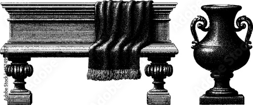 Engraved vintage marble bench and wool cloth with classic urn design for decor
