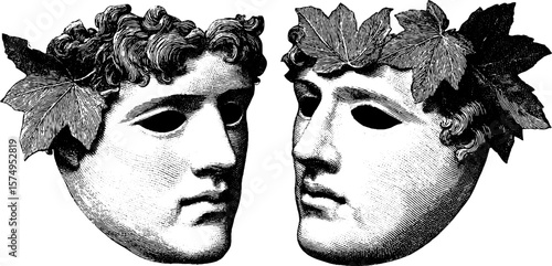 Engraved mask of dionysus with vine leaves - classical mythology art for creative projects