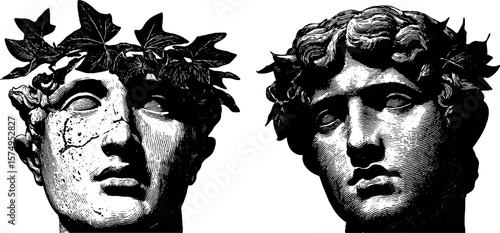 Engraved classical masks of dionysus with artistic details for creative design