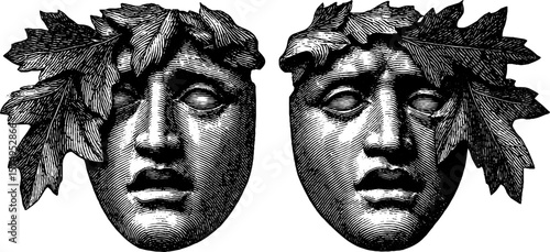 Engraved dionysus mask set with leaf adornments for artistic design