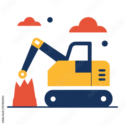 excavator at work site doodle on white
