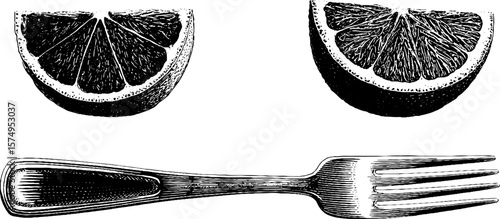 Engraved citrus and fork collage for kitchen decor and dining themes