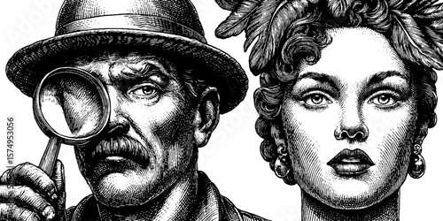 Vintage engraved portrait with magnifying glass and feathered hat for retro design