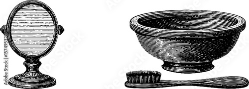 Vintage engraved vanity set with hand mirror and bowl