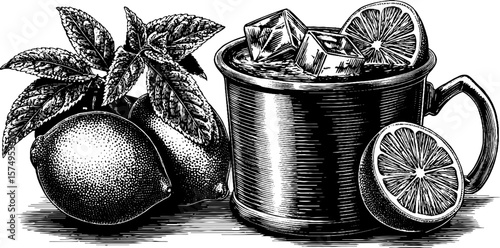 Engraved illustration of moscow mule ingredients and copper mug for beverage enthusiasts