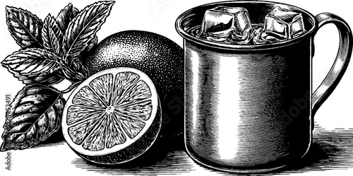 Intricate moscow mule engraving with copper mug and fresh citrus elements
