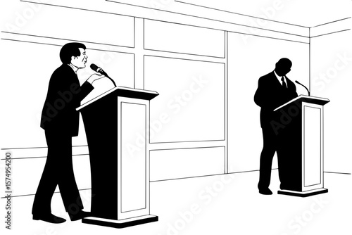 "Silhouette scene with two middle-aged men in suits at podiums, facing slightly sideways, black and white style, simple background, neutral conference room, one speaker animated, the other calmly hold