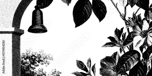 Vintage floral mural with archway and bell for decorative wall design