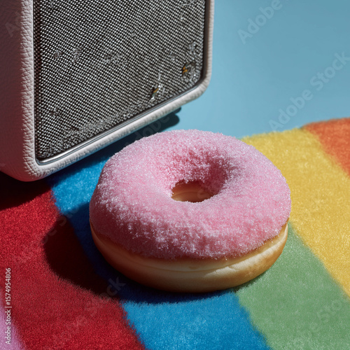 Pink donut placed on colorful rainbow surface next to vintage speaker. Creative surreal food concept with vibrant colors and pop art style.