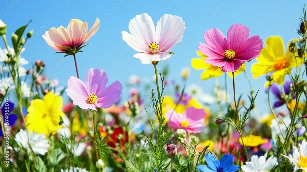 Fototapeta premium Colorful Cosmos Flowers Blooming in Wildflower Meadow under Blue Sky for Spring Summer Background and Garden Decoration