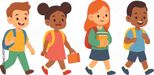 Diverse Children Walking To School With Backpacks Illustration