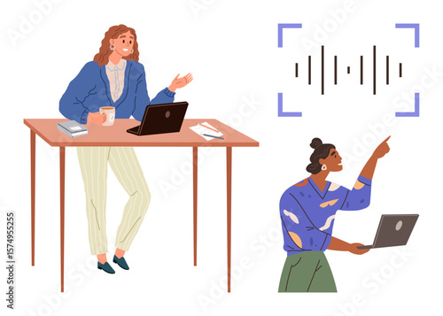 Two professionals using laptops and voice recognition technology for communication. Ideal for teamwork, innovation, collaboration, technology, leadership, brainstorming, and digital solutions. A