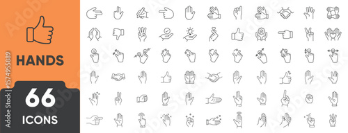 Hands Line Icon Set. Set of 66 outline icons including handshake, helping hand, gestures, care, support, giving, and protection. Editable stroke. Linear vector illustration.