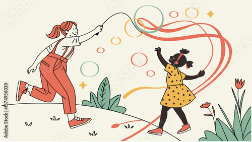 Children playing jump rope outdoor activity vector illustration for kids fun and recreation time together