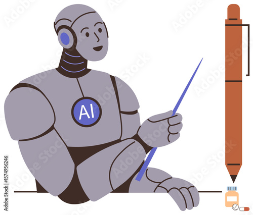 Robot labeled AI writing with stylus next to oversized pen and miniature ink bottle. Ideal for technology, artificial intelligence, creativity, automation, education, learning, simple flat metaphor