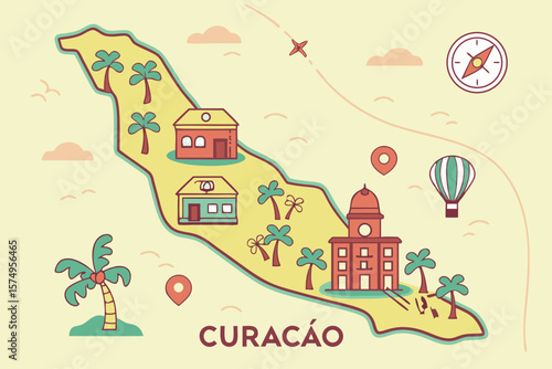 Curacao tourism map with icons for landmarks, beaches, dive spots, and neighborhoods in a colorful flat style