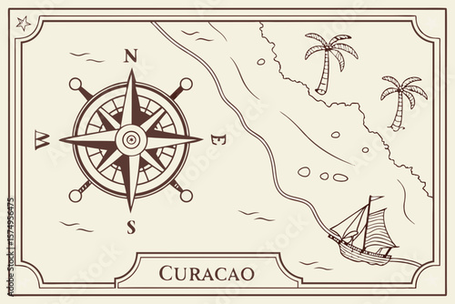 Vintage-inspired Curacao vector map with compass rose, ship routes, and old-style typeface for town names