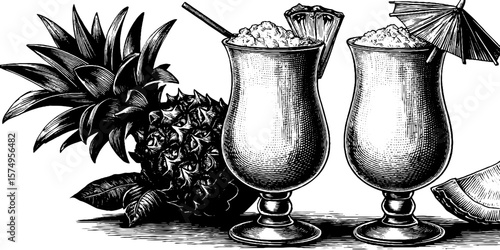 Tropical beverage engraving: piña colada art with pineapple and umbrella