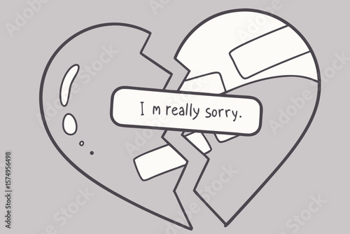 A broken paper heart taped together, with a handwritten note that says “I’m really sorry.”