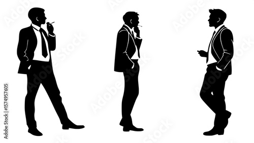 "Three black silhouettes of adult men dressed in business suits and ties, each figure in a slightly turned pose, smoking. Minimalist style, white backdrop, no additional details or scenery."


